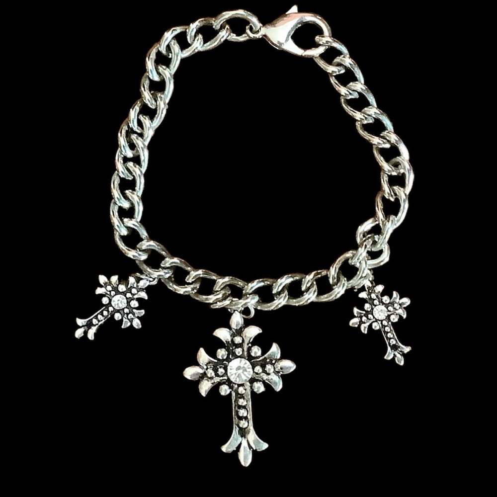Chain Link Silver Charm Bracelet with 3 Crosses. Up to 9”
